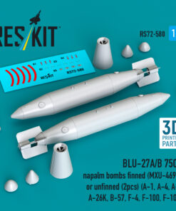 ResKit BLU-27A/B 750lb napalm bombs finned (MXU-469/B) or unfinned (2pcs) (A-1, A-4, A-7, A-26K, B-57, F-4, F-100, F-105 ) (3D Printed) (1/72) RS72-0580