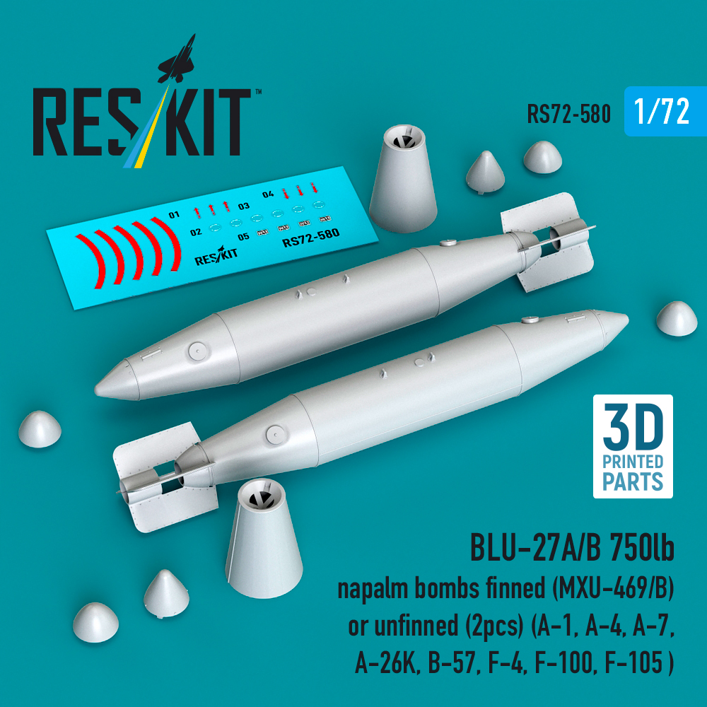 ResKit BLU-27A/B 750lb napalm bombs finned (MXU-469/B) or unfinned (2pcs) (A-1, A-4, A-7, A-26K, B-57, F-4, F-100, F-105 ) (3D Printed) (1/72) RS72-0580