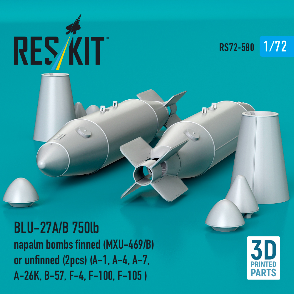 ResKit BLU-27A/B 750lb napalm bombs finned (MXU-469/B) or unfinned (2pcs) (A-1, A-4, A-7, A-26K, B-57, F-4, F-100, F-105 ) (3D Printed) (1/72) RS72-0580 - Image 2