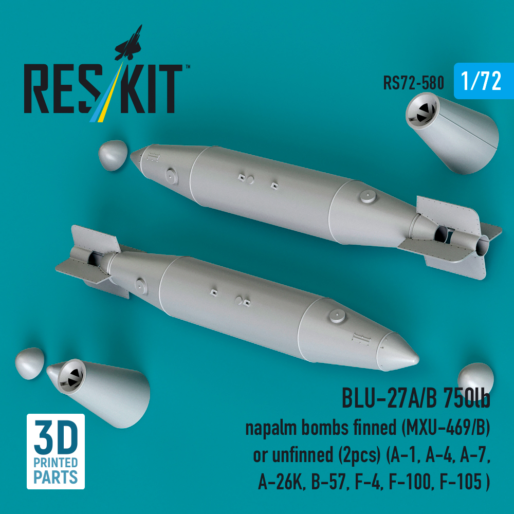 ResKit BLU-27A/B 750lb napalm bombs finned (MXU-469/B) or unfinned (2pcs) (A-1, A-4, A-7, A-26K, B-57, F-4, F-100, F-105 ) (3D Printed) (1/72) RS72-0580 - Image 3
