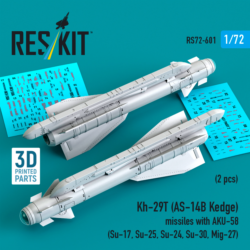 ResKit Kh-29T (AS-14B Kedge) missiles with AKU-58 (2 pcs) Su-17, Su-25,Su-24, Su-30, Mig-27 (3D Printed) (1/72) RS72-0601
