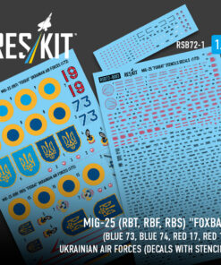 Reskit MiG-25 (RBT, RBF, RBS) "Foxbat" (Blue 73, Blue 74, Red 17, Red 19) Ukrainian Air Forces (Decals with Stencils) (1/72) RSB72-001