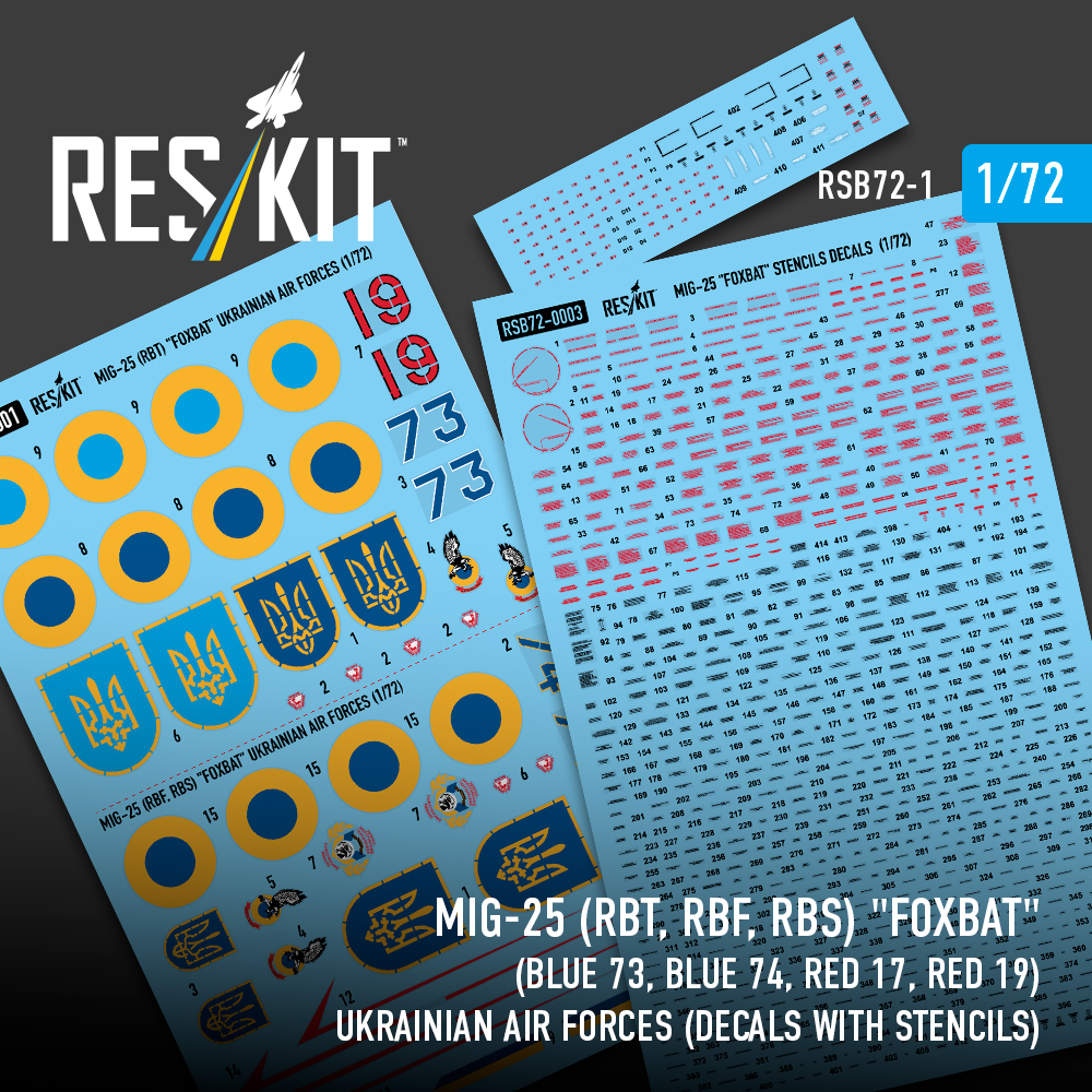 Reskit MiG-25 (RBT, RBF, RBS) "Foxbat" (Blue 73, Blue 74, Red 17, Red 19) Ukrainian Air Forces (Decals with Stencils) (1/72) RSB72-001