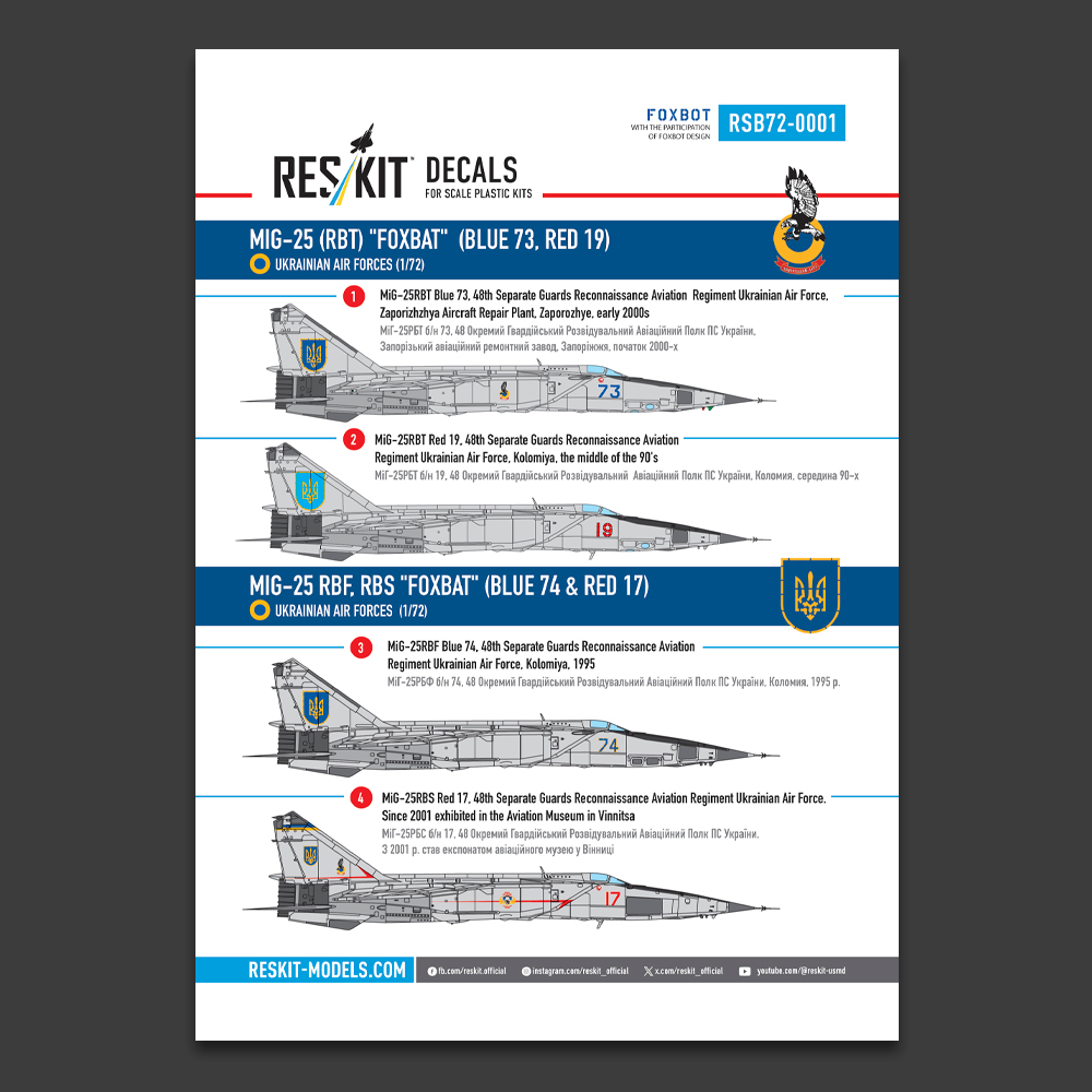 Reskit MiG-25 (RBT, RBF, RBS) "Foxbat" (Blue 73, Blue 74, Red 17, Red 19) Ukrainian Air Forces (Decals with Stencils) (1/72) RSB72-001 - Image 2