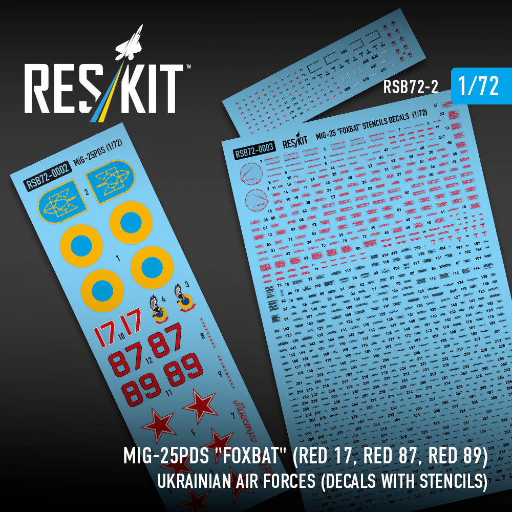 Reskit MiG-25PDS "Foxbat" (Red 17, Red 87, Red 89) Ukrainian Air Forces (Decals with Stencils) (1/72) RSB72-002