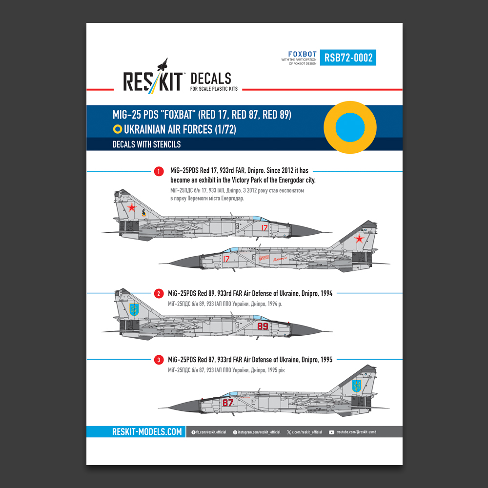 Reskit MiG-25PDS "Foxbat" (Red 17, Red 87, Red 89) Ukrainian Air Forces (Decals with Stencils) (1/72) RSB72-002 - Image 2